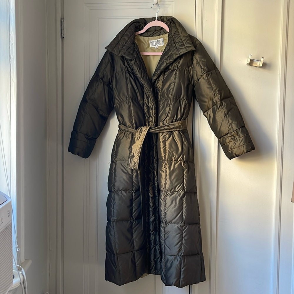 bill blass Long Quilted Belted Puffer Coat in Dark Olive